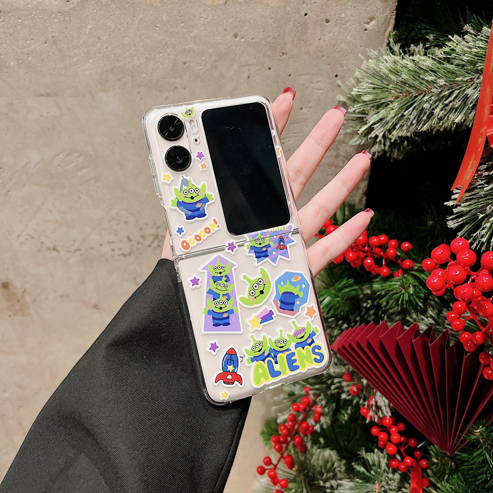 Cartoon Three-Eyed Alien Label Applicable OPPO Find N2Flip Folding Screen Mobile Phone Shell Transparent PC Hard Shell New. 