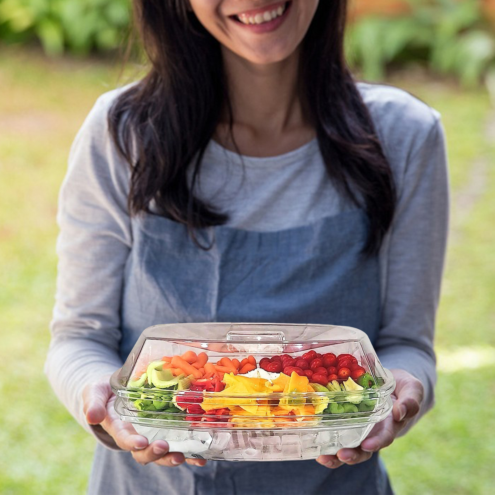 Vividaea Divided Serving Dish 3-tier Party Platter with Ice Chilled Lid Perfect for Weddings Events Clear Serving Tray for Food Fruits Indoor/outdoor Use Elegant Banquet Tray. 