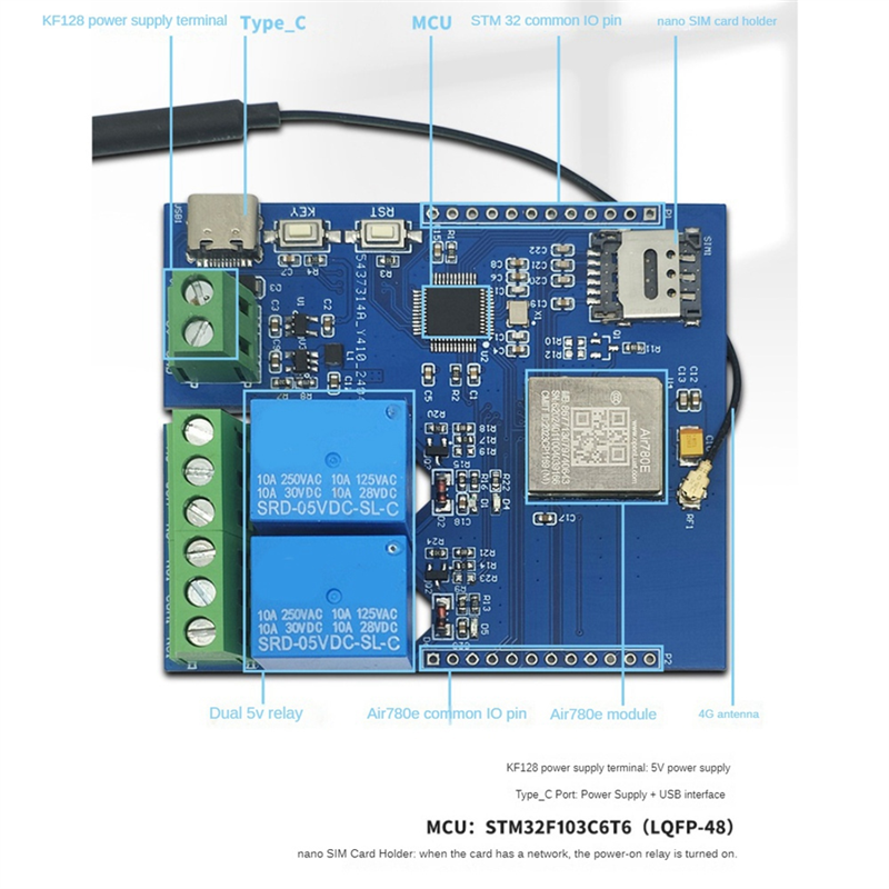 DC 5V STM32 4G Networked Dual-Way Relay Relay Development Board Onboard AIR780E Module I/O Port STM32 Development Board. 