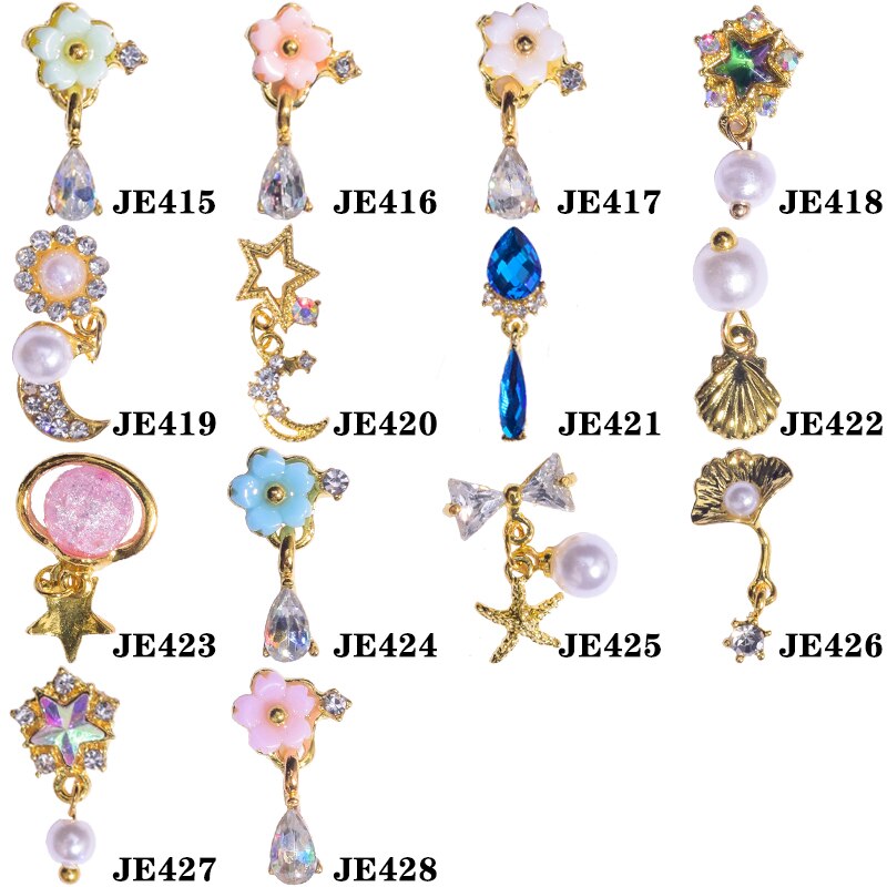 【happy one】10-16mm 10pcs Nail Charms Pierced Fingernail Jewelry 14 Styles of Charms Pearl L-Long Reusable nail nail charms. 