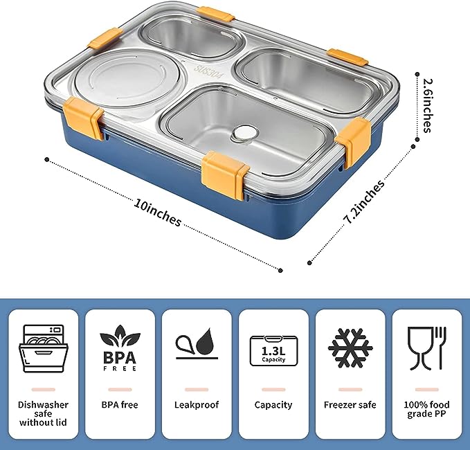 Brand Conquer Lunch Boxes for Adults - Lunch Box for Kids with Spoon & Fork - Durable Perfect Size for On-The-Go Meal, BPA-Free and Food 4 Compartment Stainless Steel (Random Color). 