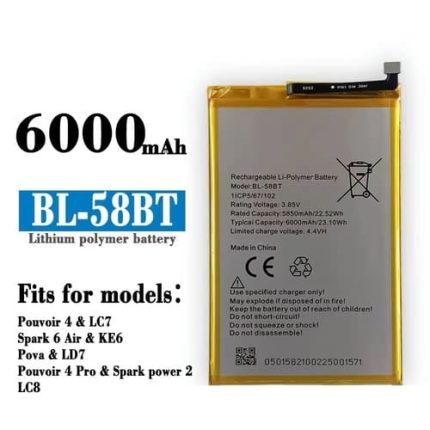 Mobile Battery for Tecno Pouvoir 4/Pova/LC7/LD7 Model BL-58BT. 