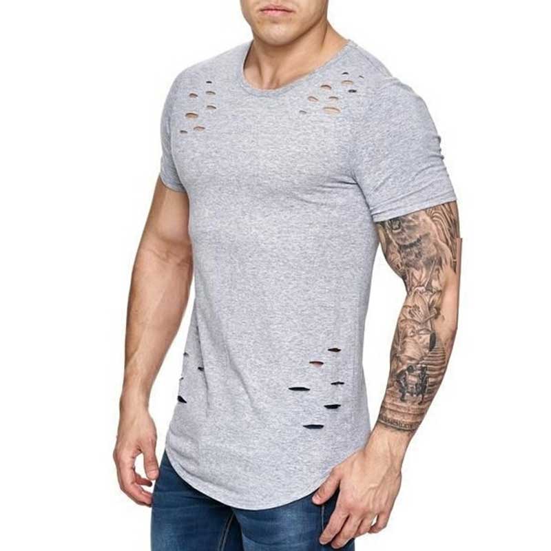 Hole ripped t shirts men short sleeve t-shirt fitness summer clothes men's funny solid tshirt streetwear slim tops tees