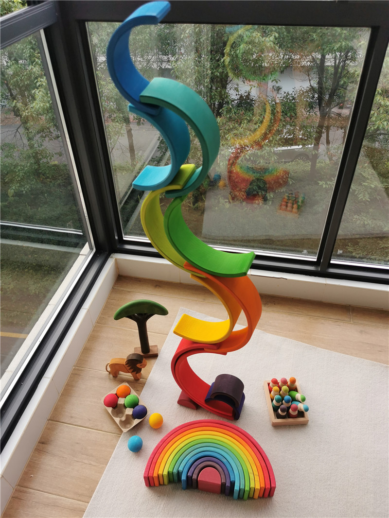 High Quality Wooden Toys Lime Wood Rainbow Arch Stacking Blocks Building Semi Color Sorting Peg Dolls Balls Slat for Kids Play Luhuai CVC. 