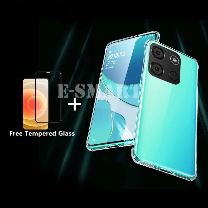 Phone Case For Itel A60 Back Cover Transparent Air Cushion Shockproof Silicone Clear + Itel A60 Tempered Glass Screen Protector Film