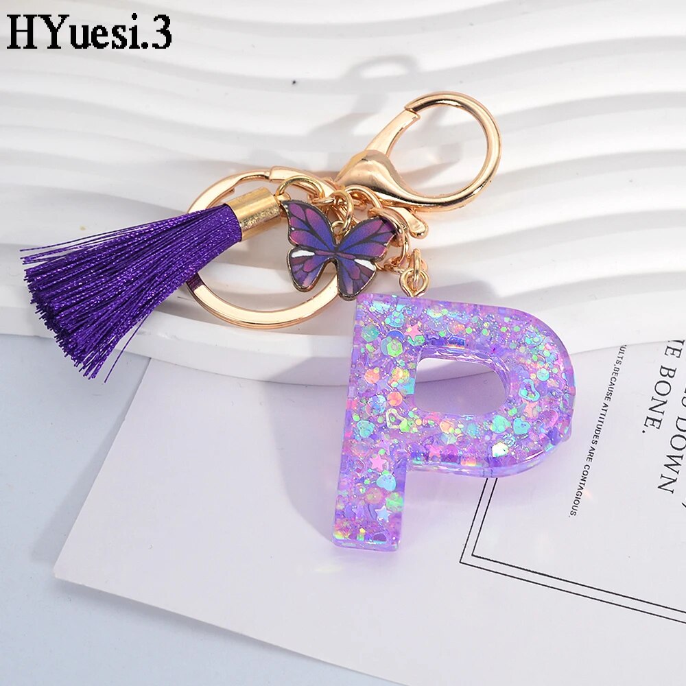 Glitter 26 Initials Name Keychain Purple Color Sequin Filled Letter Key Ring With Tassel Butterfly For Women Backpack Bag Decor. 