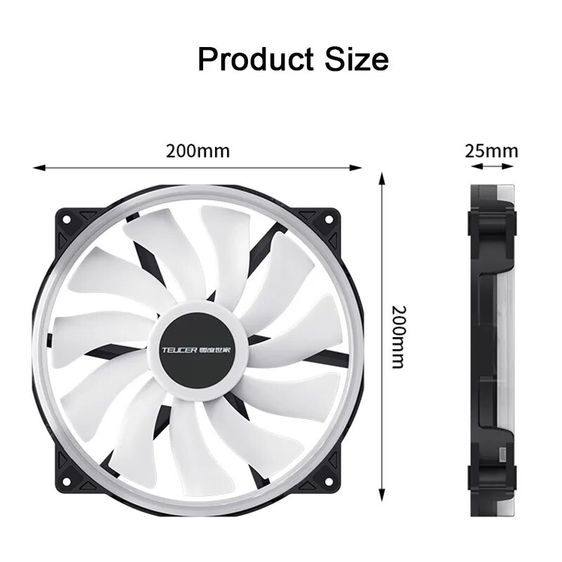 TEUCER FD200 200mm ARGB Computer Case Fan 5V 3PIN LED Cooling Fans Desktop PC Case Accessories. 
