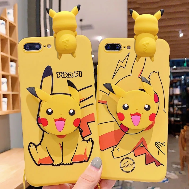 For iPhone 6 6s 7 8 X Xs Max XR 11 12 13 14 15 Pro Max SE Pokemon Pikachu Phone Case With Holder Rope. 