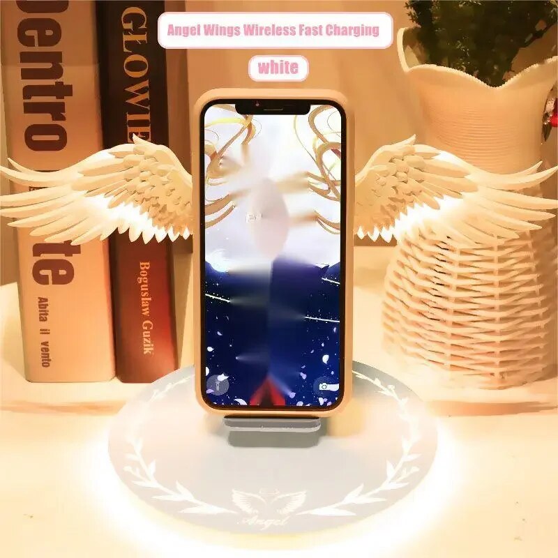 Wireless Charger Creative Angel Wings QI 10W Phone Fast Charge Movable Wing Shape with Breathing Light and Music Function Gift. 