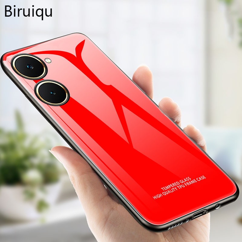 Biruiqu For VIVO Y03 / VIVO Y03t Shockproof Tempered Glass Back Soft Silicone Edge Black Case Cover Casing