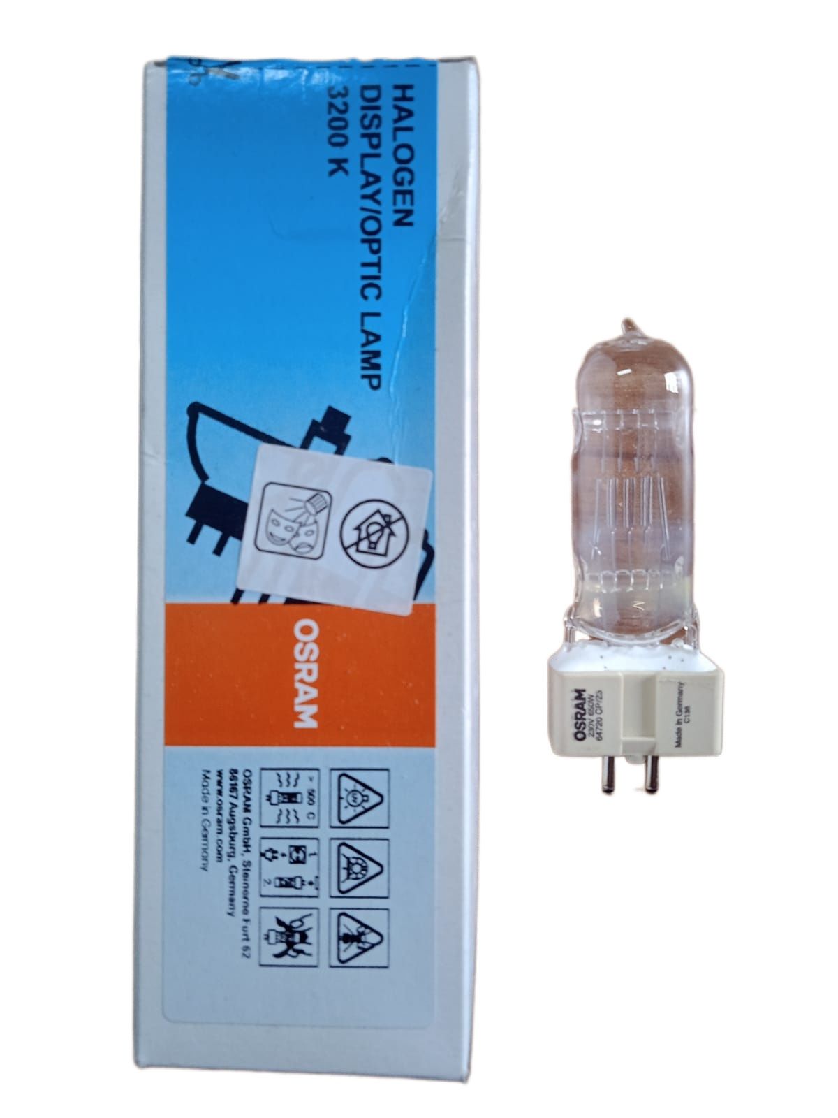 OSRAM 650W 64720 CP/23 230V Halogen Display/Optic Lamp GX9.5 3200K, Made in Germany. 