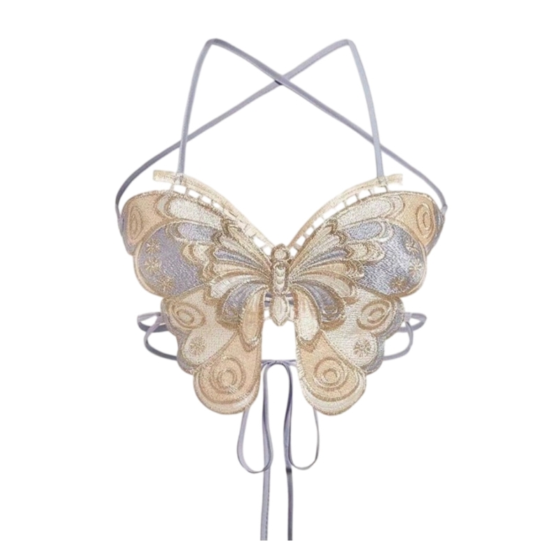 Women Butterfly Embroidery Bras Sleeveless Tie Camisole Crop Top