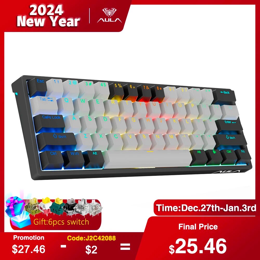 AULA F3261 Mechanical Gaming Keyboard Macro Keyboard Hotswap Gamer Keyboard for Tablet 60 Percent Layout RGB Red Switch