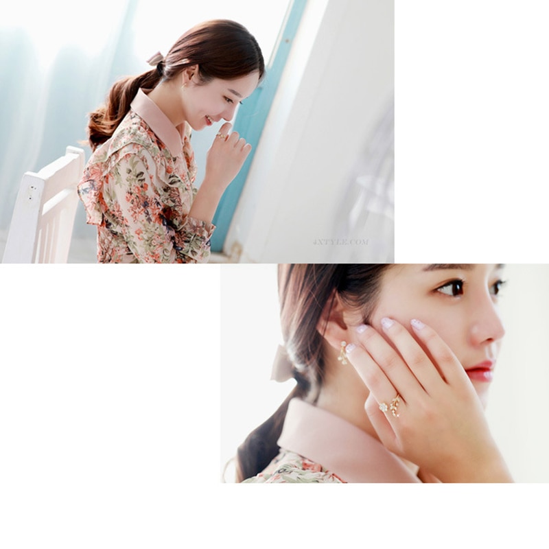 【VisioN Shop】Korean Leaves Flower Rhinestone Open Ring Rose Gold Color Finger Ring For Women Adjustable Wholesale. 