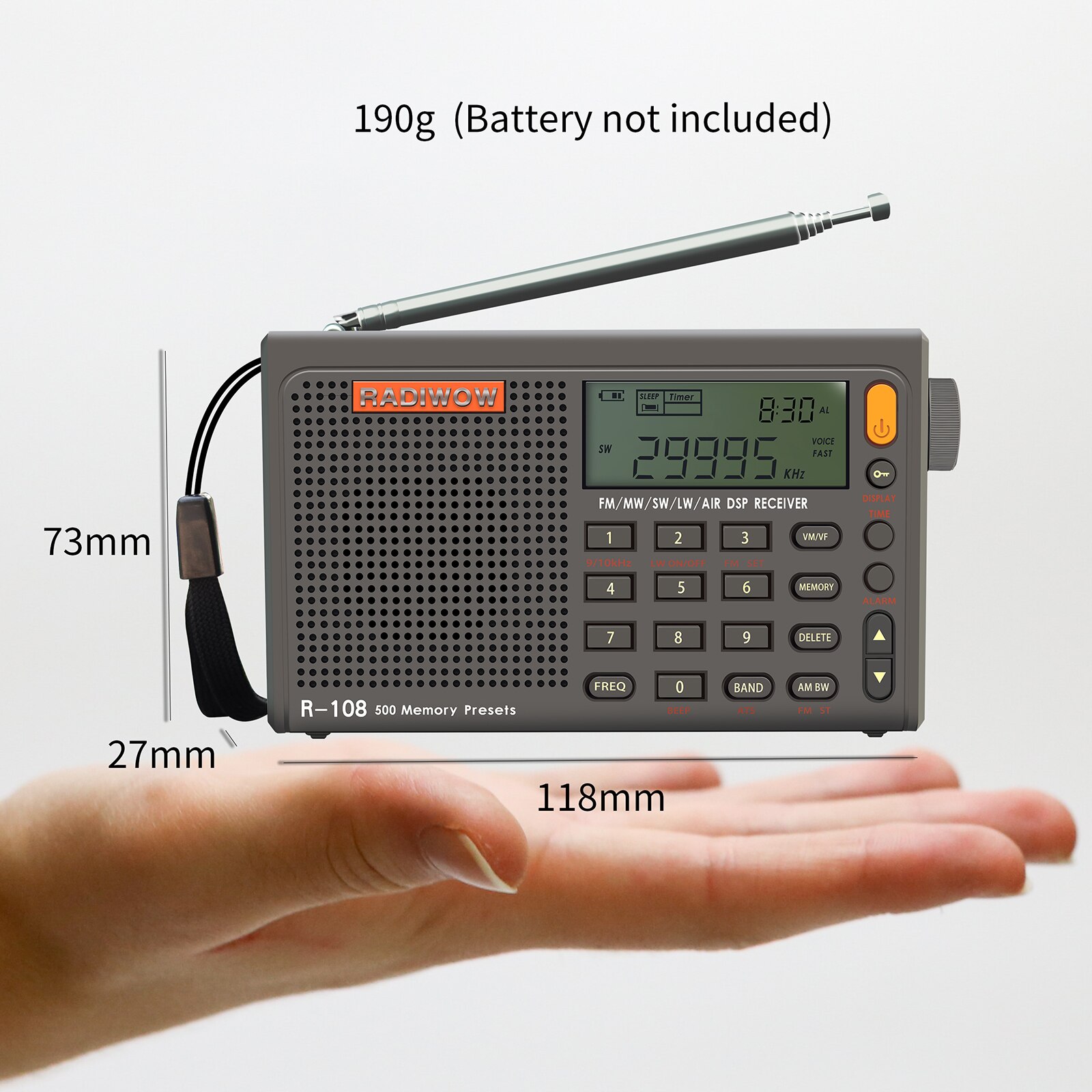 SIHUADON R-108 Radio FM Stereo Digital Portable Radio AM SW Air Radio Receiver Alarm Function Display Clock Temperature Speaker. 