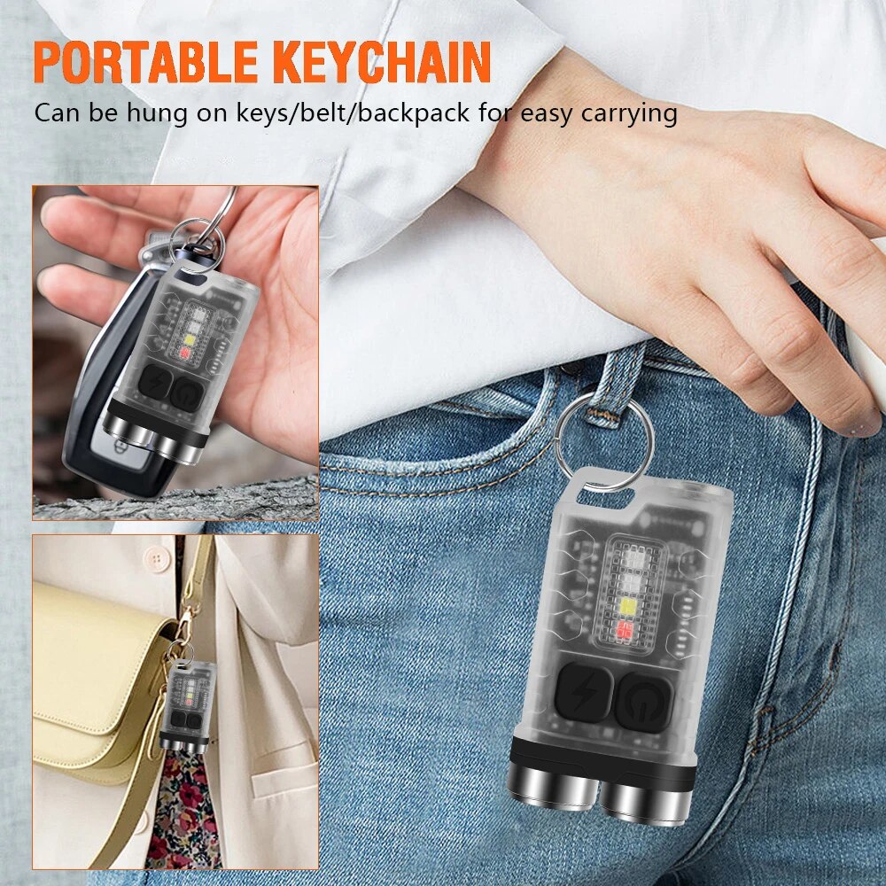 V3 Keychain EDC Portable Fluorescent Flashlight 900LM Type-C Rechargeable With Magnetic Tailcap IP65 UV Mini Work Light. 