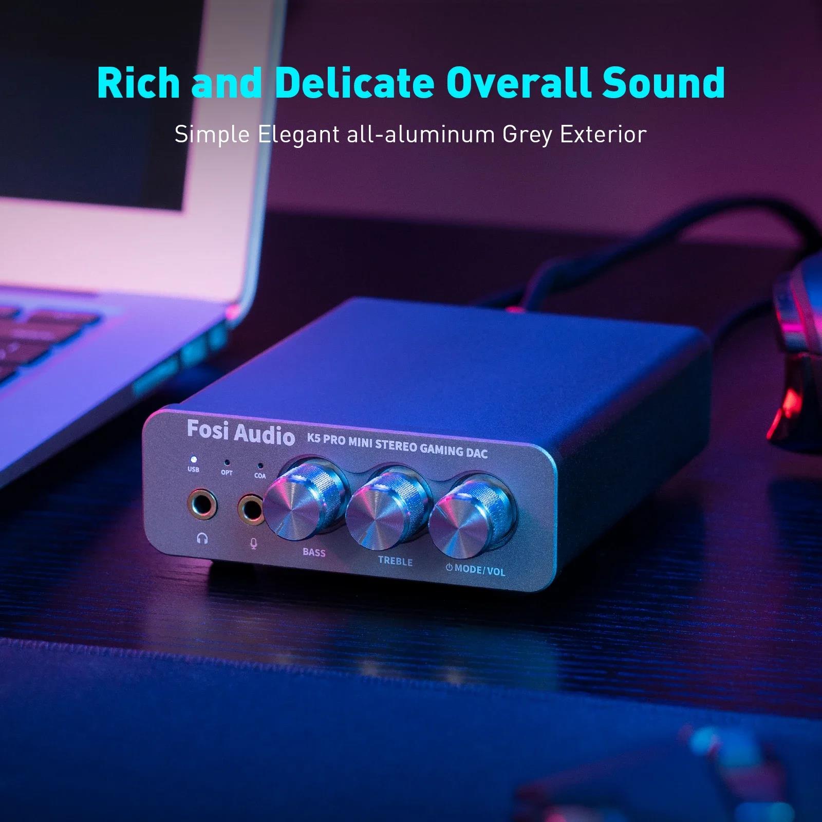 Fosi Audio K5 PRO USB Gaming DAC With Microphone Headphone Amplifier Mini Audio DAC for PS5 Desktop Powered Active Speakers. 