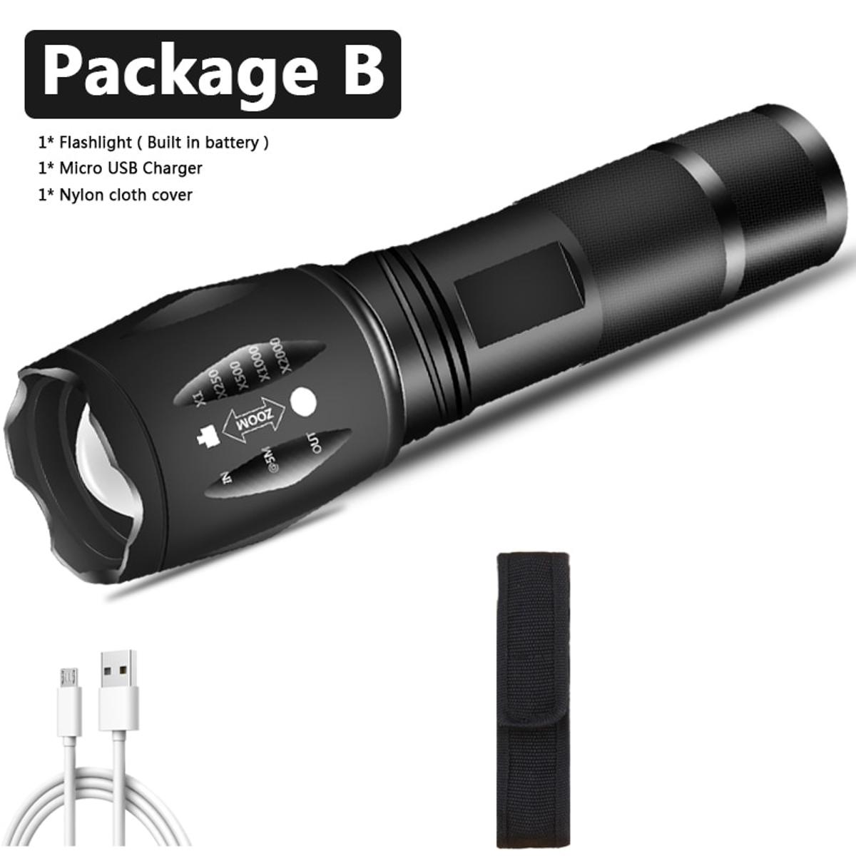 USB Rechargeable LED Tactical Adventure  Torch CREE XM-L2 T6 Zoom USB Built-in 18650  -T6 - option B - T6
