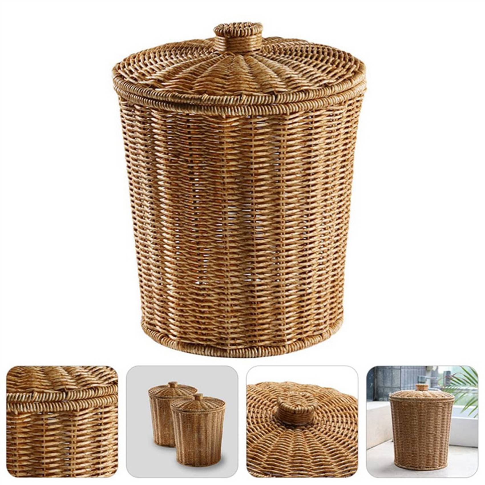 2X Woven Basket Trash Can Round Rattan Waste Basket with Lid Planter Woven Storage Baskets Wicker Garbage Bin. 