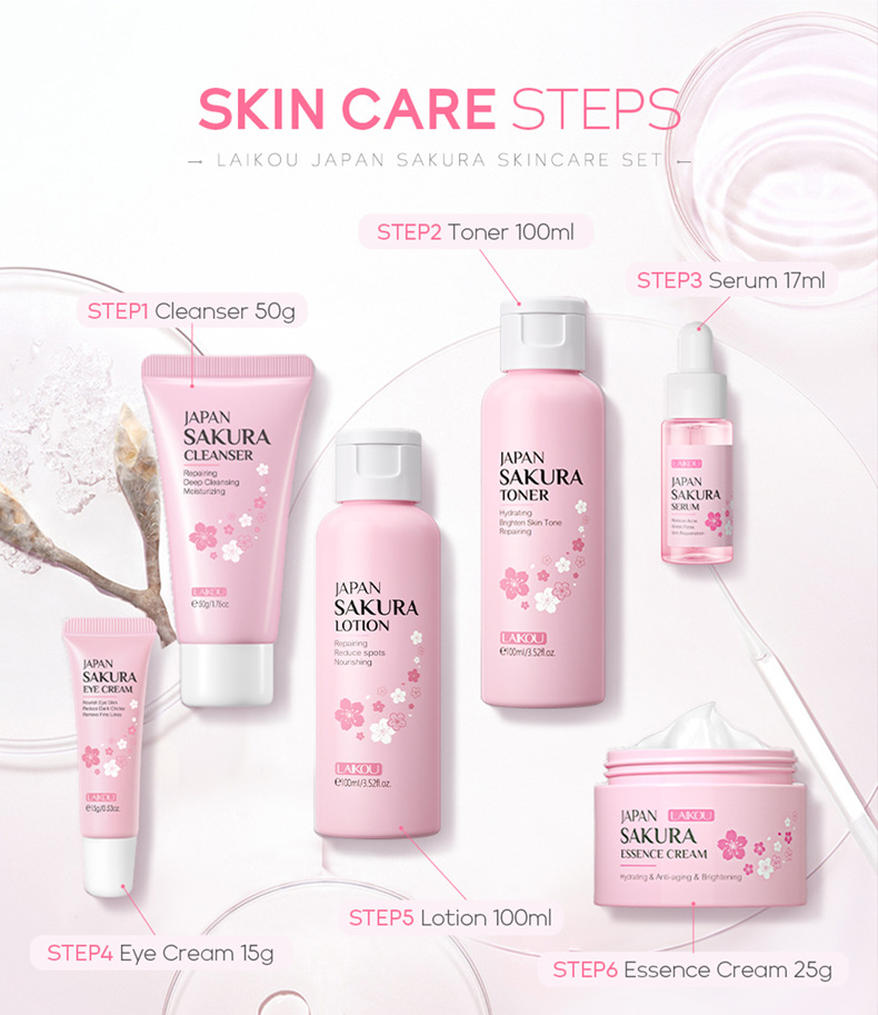 LAIKOU Face Serum Cleanser Lotion Toner Cream Japan Sakura Skin Care Set 6pcs