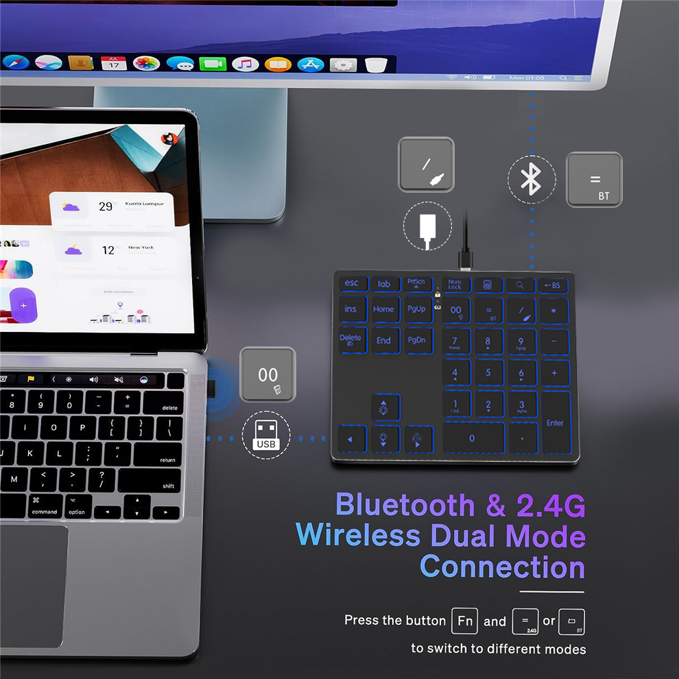 BOW 2.4G + Bluetooth Numeric Keypad Wireless Rechargeable Numpad Keyboard for iPad Laptop Wired Number Keyboard. 