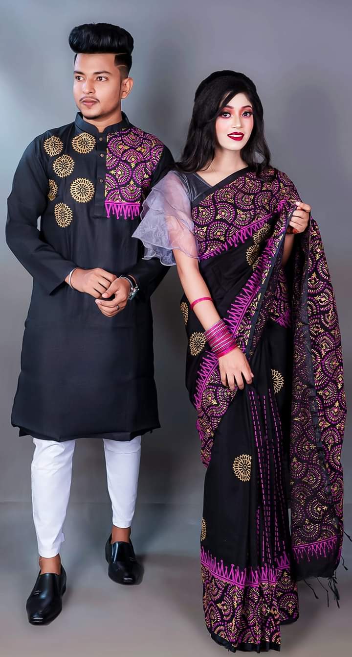 Stylish & fashionable New Matching best/Coupple Dress/For Men & Women / Saree & Panjabi/ (Combo Set))