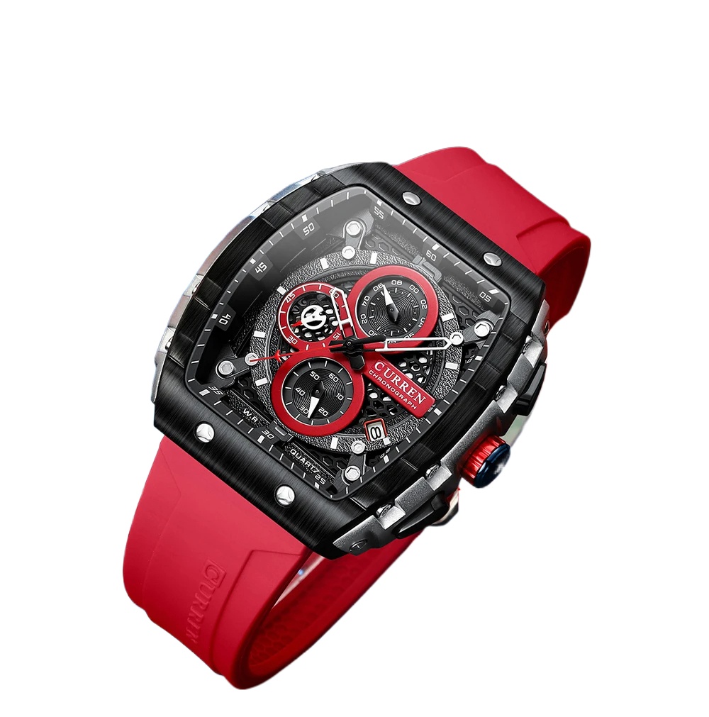 CURREN 8442 Multi-function Chronograph Men Watch Silicone Band Sports Luminous Calendar Quartz Watches-Red. 