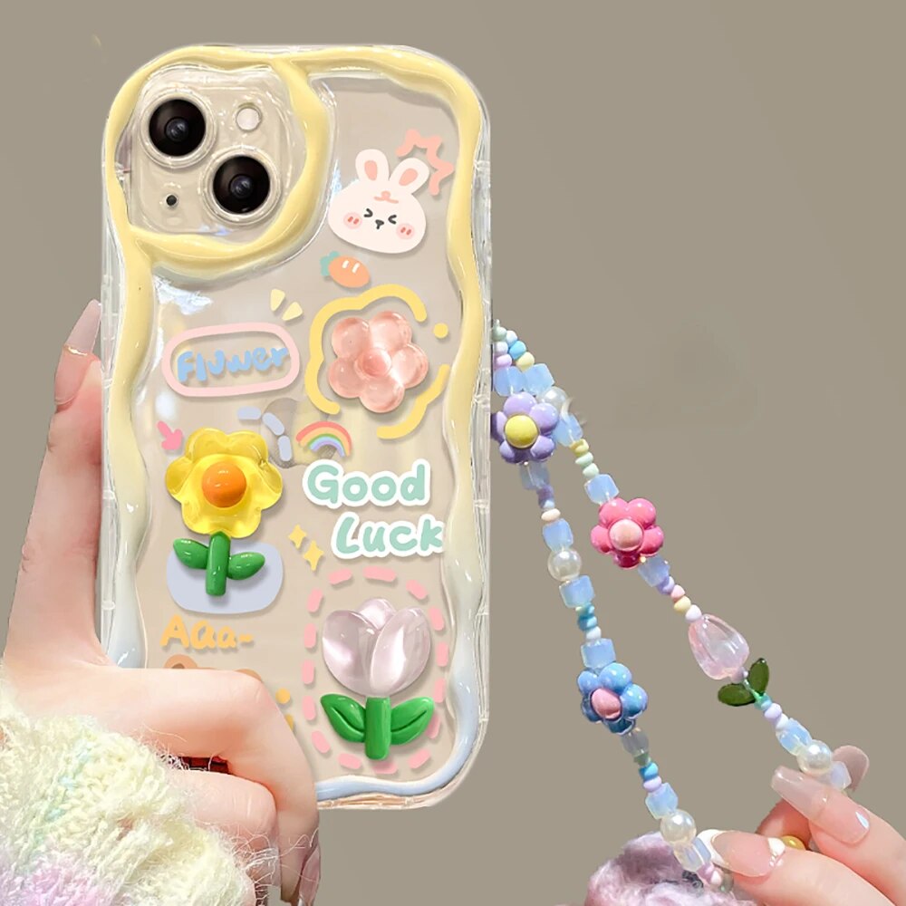 Korean 3D Bear Rabbit Flower Phone Chain Lanyard Clear Soft Case for iphone 15 11 14 Pro Max 12 13 Pro Max Luxury Cute Cover