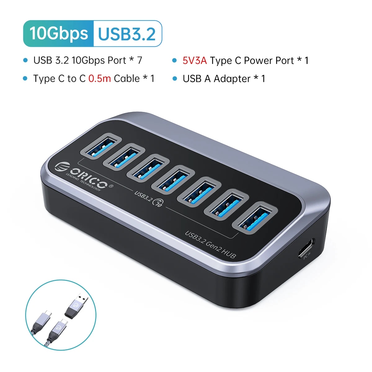 ORICO 10Gbps USB 3.2 HUB Super Speed Type-C Splitter OTG Adapter With USB C Power Supply Port for MacBook Computer Accessories. 