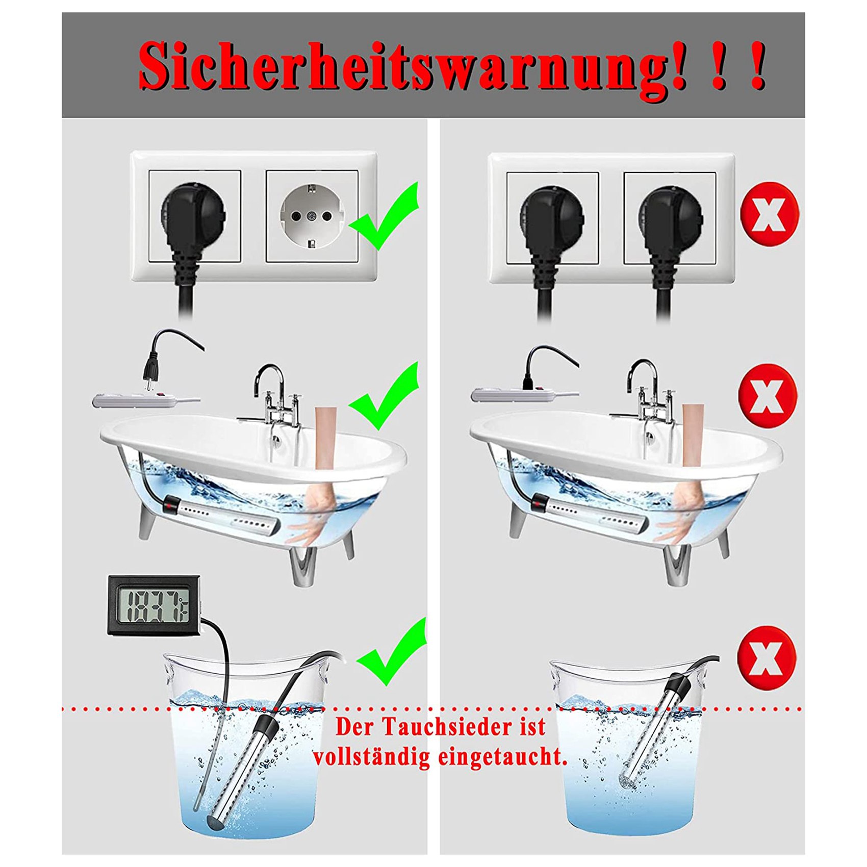 2500W Immersion Heater, Pool Heater Automatic Timer, Safe Pool Heating Immersion Heater, Perfect for Home Eu Plug. 