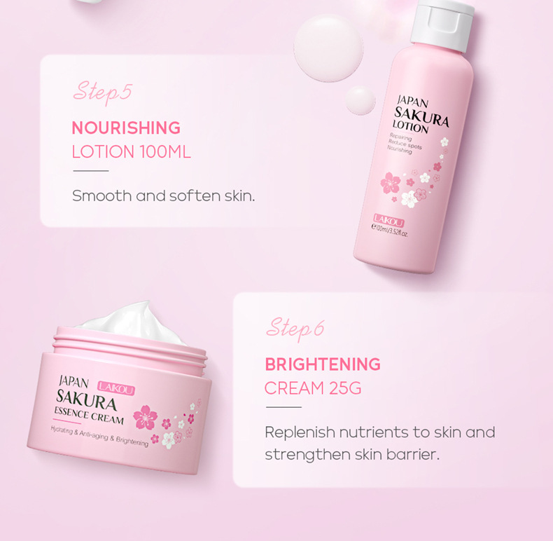 LAIKOU Face Serum Cleanser Lotion Toner Cream Japan Sakura Skin Care Set 6pcs