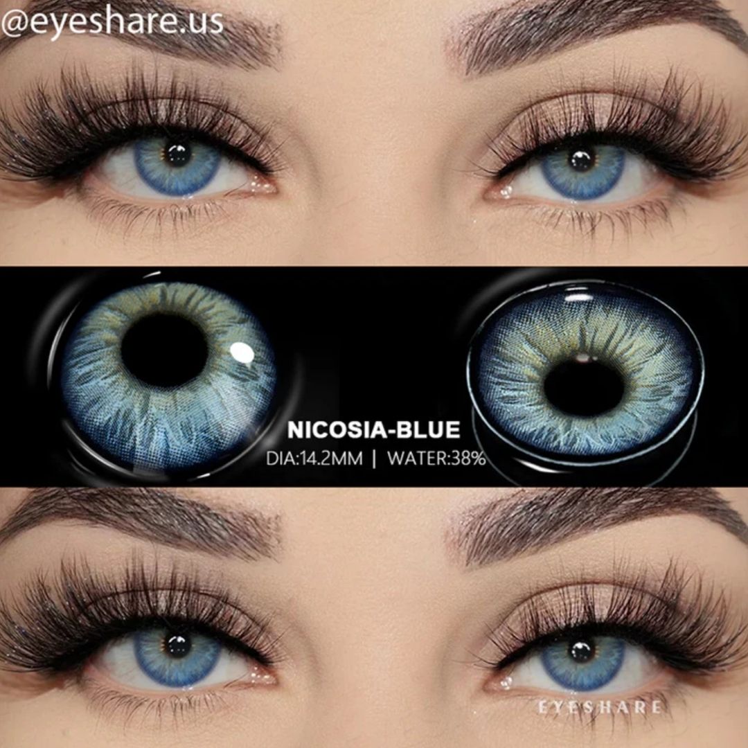 New Eyeshare Nicosia Blue Color contact lens with regular kit box for men & women. 1 pair Eyeshare Color contact lens for eye makeup and Cosmetics. Eyeshare NIcosia Series. #Nicosia. 