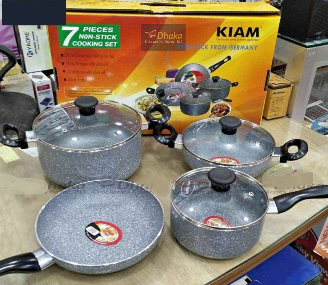 Kiam Non Stick 7 Pcs Cookware Set For Superior Release -1Pc Casserol, 1Pc Fry pan, 1Pc Karai, 1Pc Milk pan and 3 lids Gift And Home Use. 