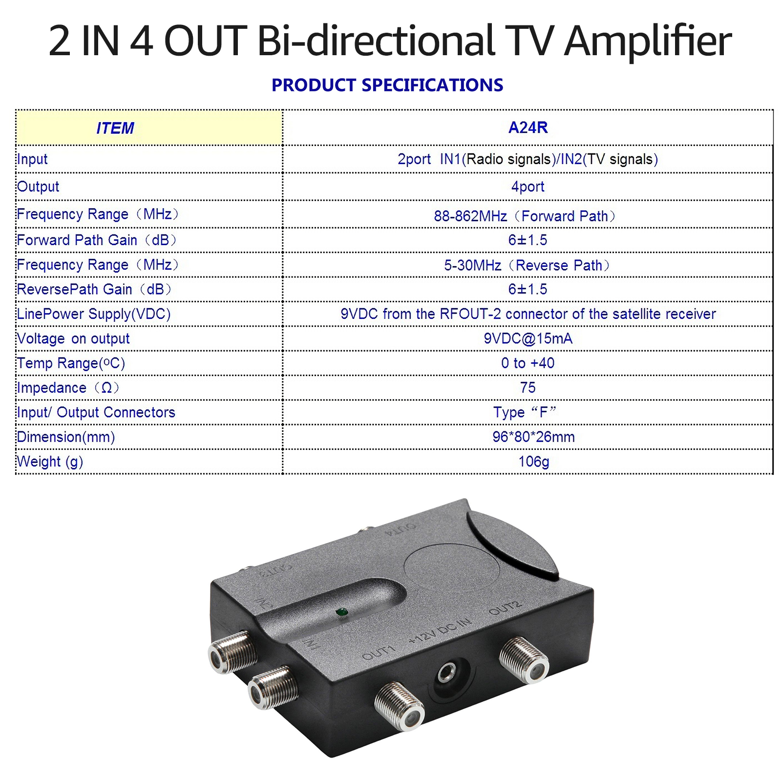 Bi-directional TV Amplifier 2 Inputs TV Antenna Signal Booster with 4 Outputs Low Noise TV Signal Splitter Antenna Signal Booster with Reverse Path for Indoor Use. 