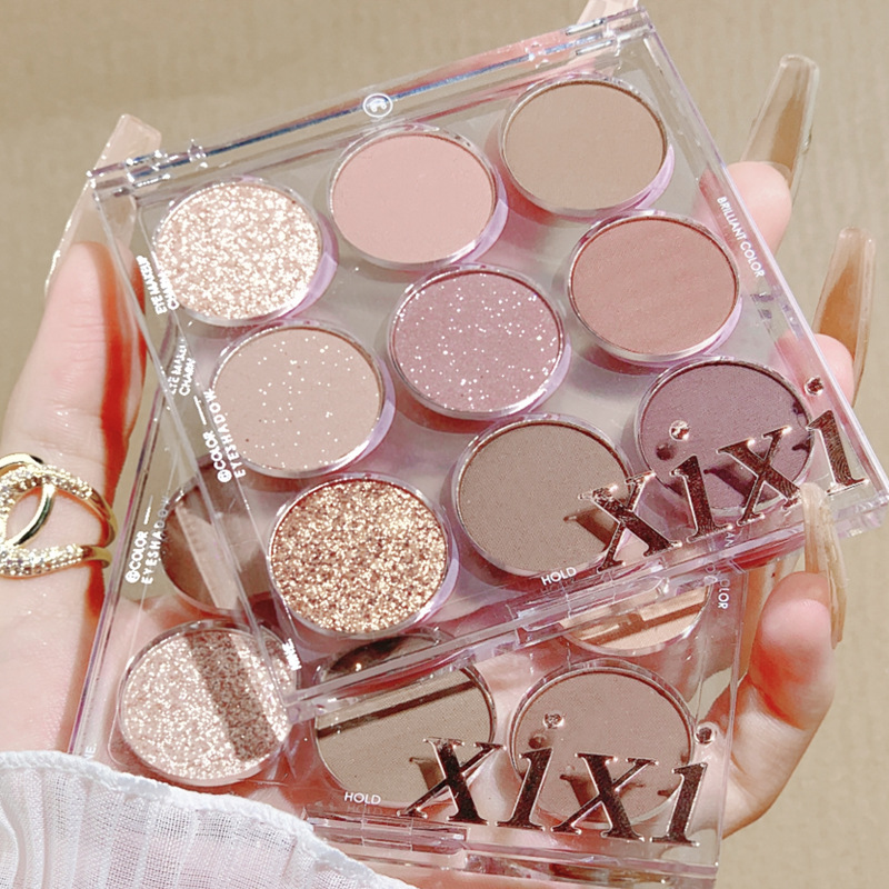 xixi transparent embossed nine-color eyeshadow palette milk tea earthy pearlescent matte glitter sequins student party parity