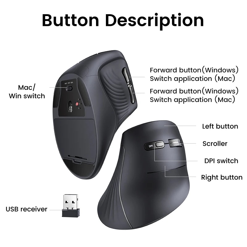 UGREEN Vertical Mouse Wireless Bluetooth5.0 2.4G Ergonomic 4000DPI 6 Mute Buttons for MacBook Tablet Laptops Computer PC Mice. 