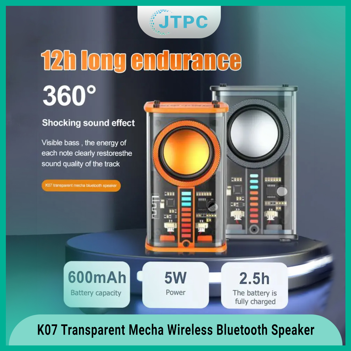 K07 Transparent Mecha Wireless Smart Bluetooth Speaker Sound Light Rhythm Subwoofer TWS Stereo Cyberpunk Music Center Hands-Free Call. 
