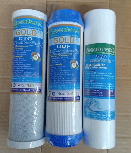 Green Touch Gold, Water Purifier Filter PP + UDF + CTO Carbon Block Cartridge 10" 3 Piece Set. 