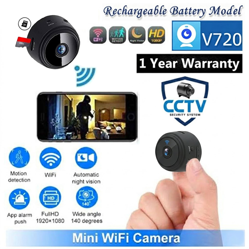 Mini CCTV Camera A9 Full HD WiFi 1080P 4K Wireless Support Night Vision 140 Degree Wide Angle Lens Motion Detection Audio Video Recording Mobile App Remote Monitoring Perfect For Indoor Outdoor Home Security Black Color