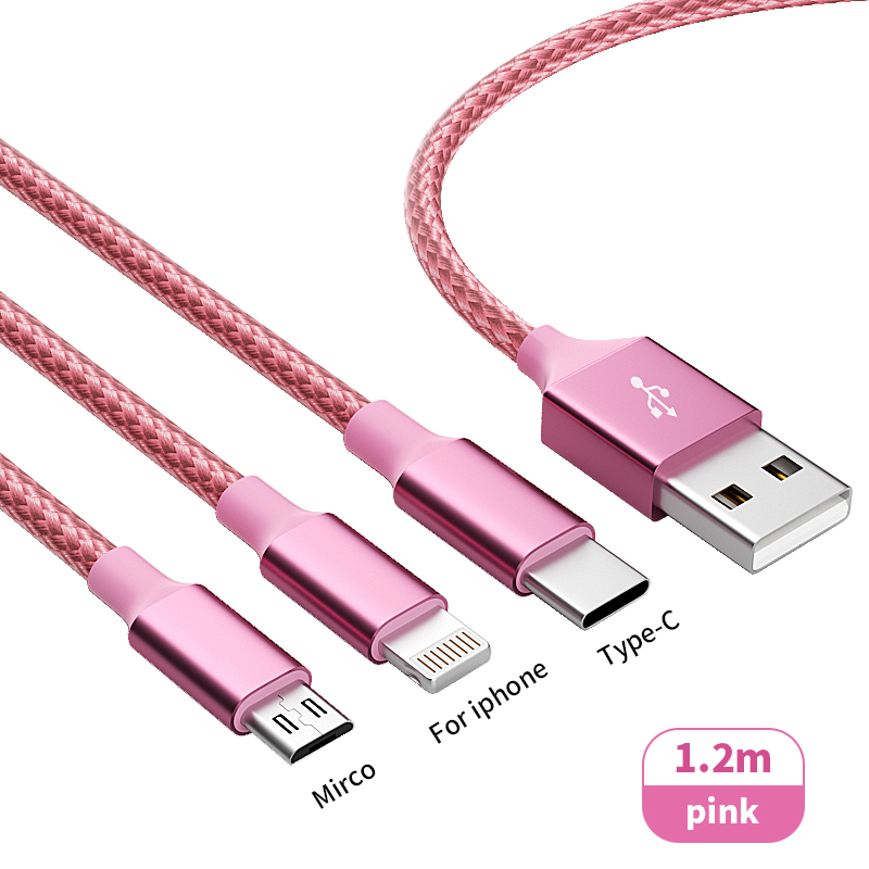 3 In 1 Pink Fast Charging USB cable Type C Usb Micro For Iphone Samsung Huawei Xiaomi Multi Port Multiple Charging Wire Line