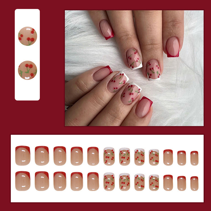 24Pcs Short Simple Cherry Fake Nails with Glue DIY Art Design False Nails Wearable Artificial Nails