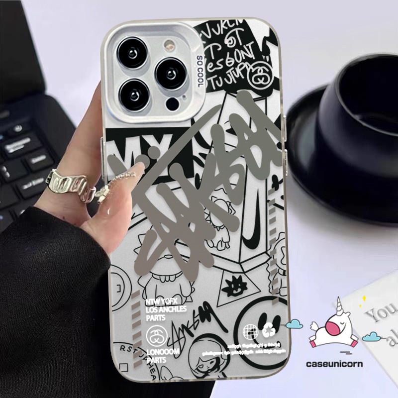 Trendy Cartoon English Cool Smiley Face Graffiti Case Compatible for IPhone 16 15 11 14 12 13 Pro Max XR X 7Plus XS Max 15 8 7 14 Plus SE 2020 Luxury Plated Metal Lens Soft Case. 
