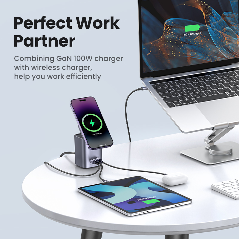 UGREEN Nexode 100W USB C Charger with MagSafe 15W Wireless Charger Stand, 4in1 GaN Desktop Charging Station for MacBook Pro/Air M2, iPhone 14 Pro Max/13, iPad, Dell XPS, Galaxy S23. 