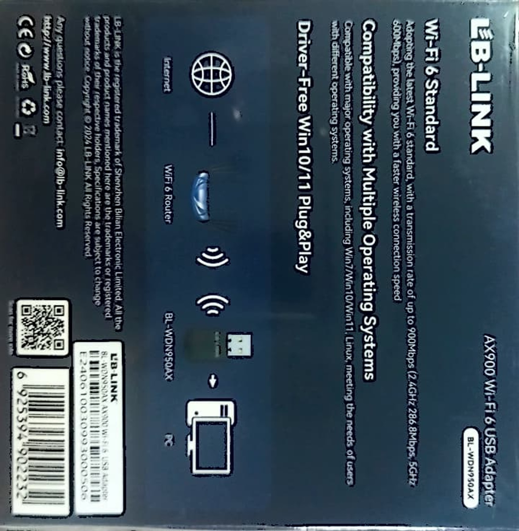 LB-Link Wireless AX900 900 Mbps 2.4 GHz WiFi 6 USB Network Adapter Dual Band WiFi 6 USB Card Win 10/11 MAC WIFI Dongle. 