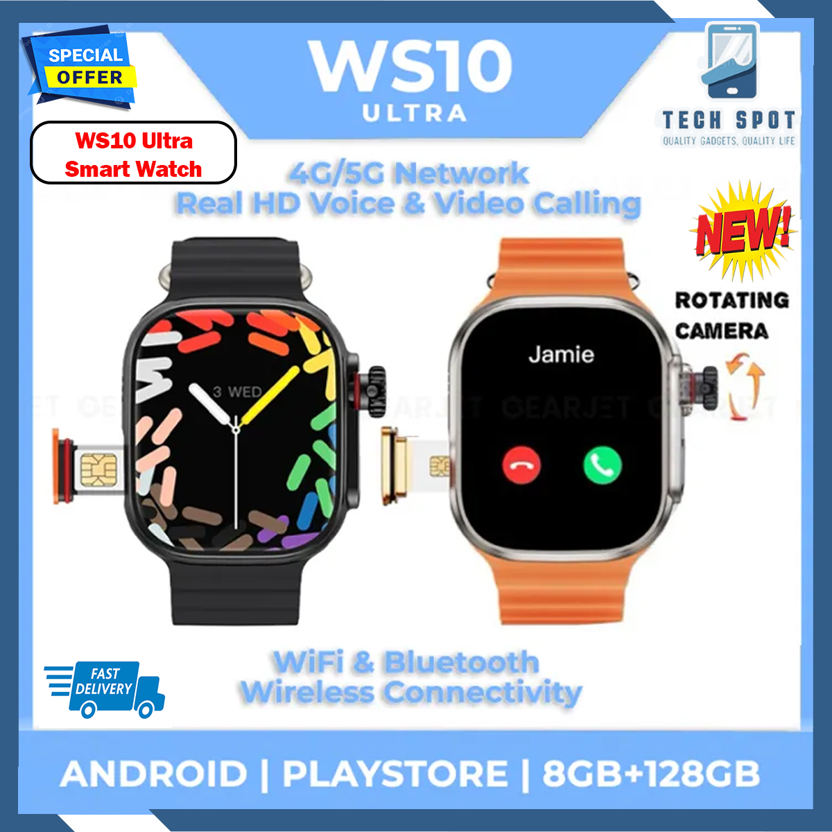 Ws10 Ultra Android Smartwatch SIM Card WiFi Support with Retractable Rotating Camera Smart Watch. 
