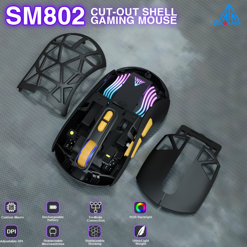 SOLAKAKA SM802 Tri-mode Gaming Mouse RGB Wirelss Ultralight Custorizable Silent Mice 2.4G/BT/Wired E-sports Gaming Mouse For PC
