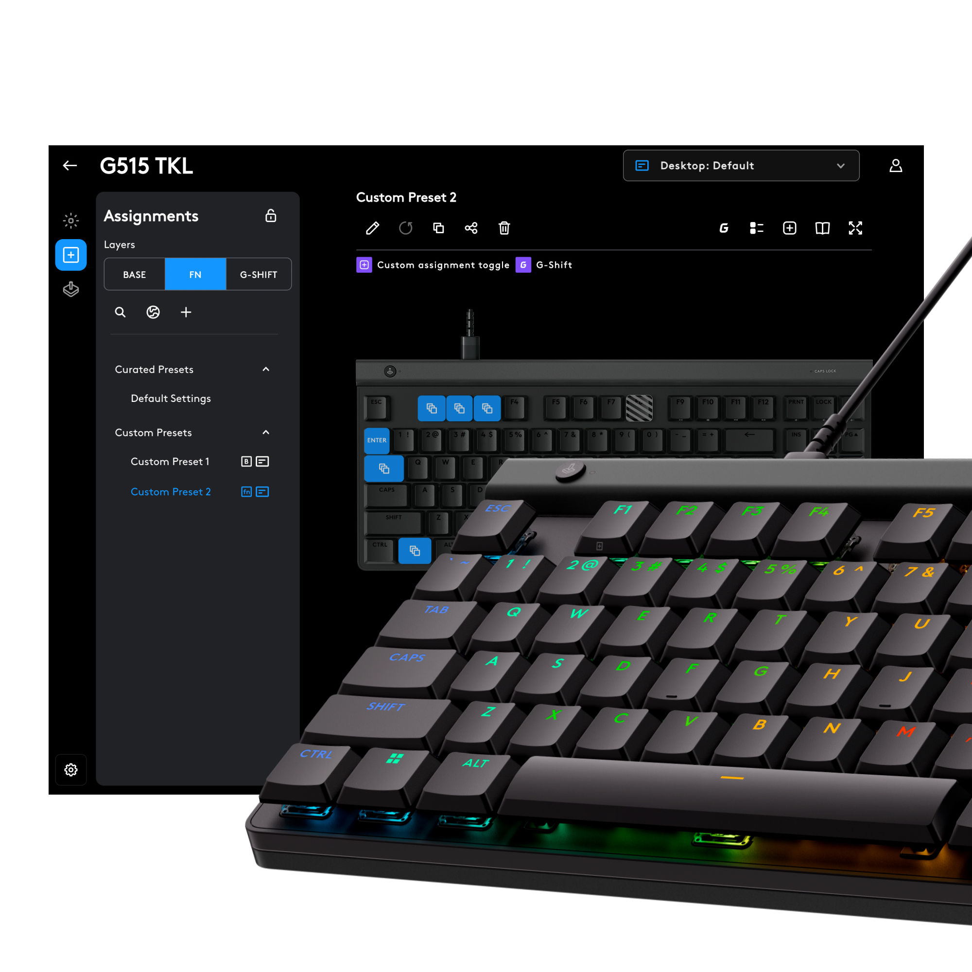 Logitech G515 TKL Wired Low Profile Gaming Keyboard, Fully Customisable RGB, Double-Shot PBT Keycaps, Tactile/Brown Switches - Black. 