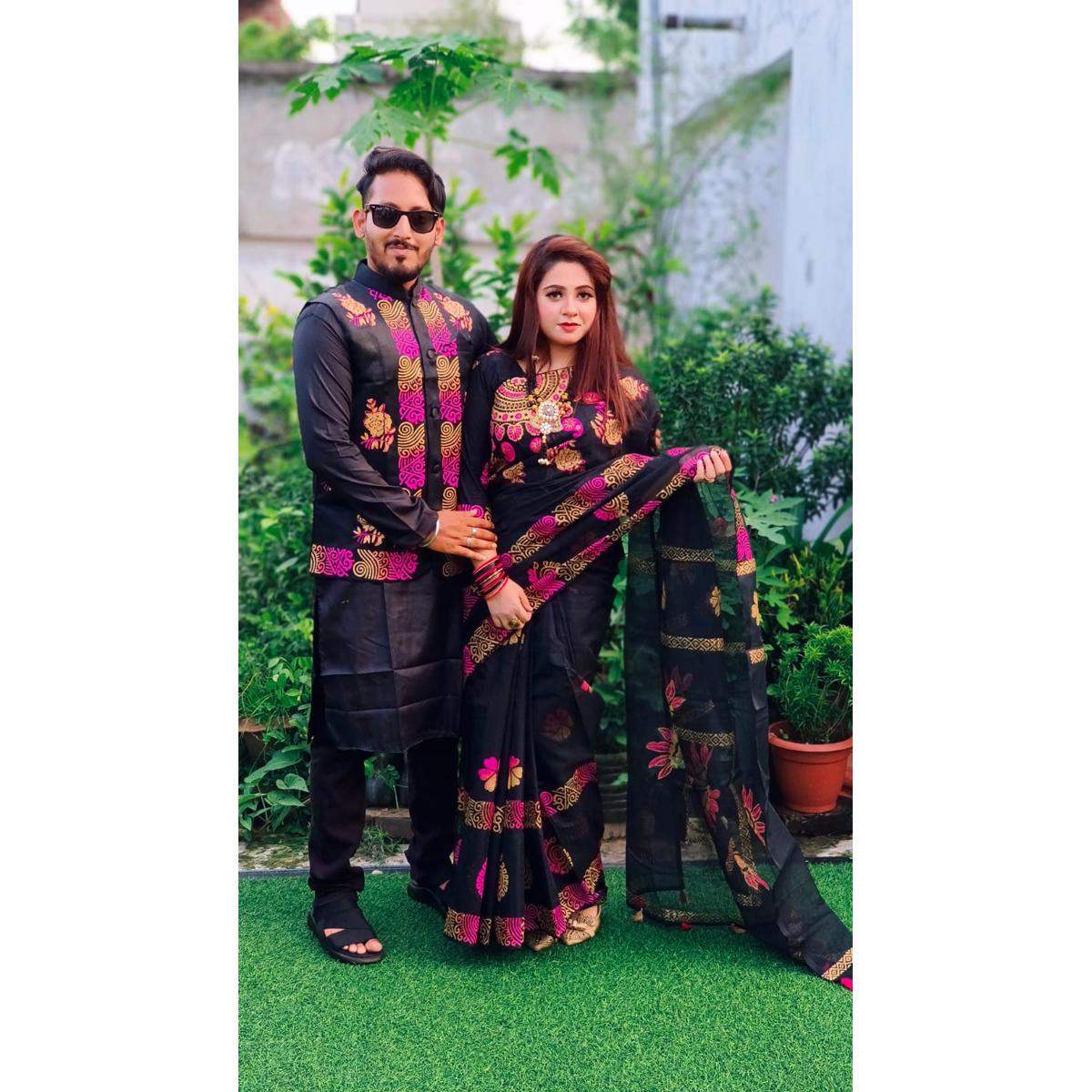 Stylish New Collection Saree & Panjabi koti Combo Dress black color for Couple