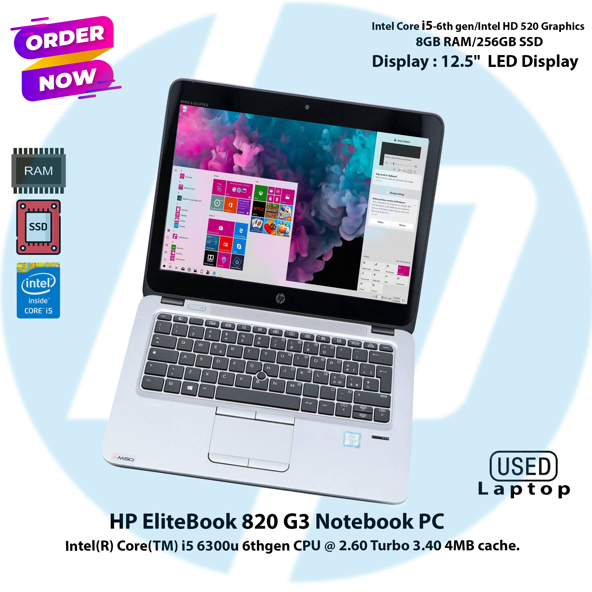 HP EliteBook 820 G3 Intel Core i5 6th Gen,8GB RAM,256GB SSD,12.5"Display Notebook Pc. 
