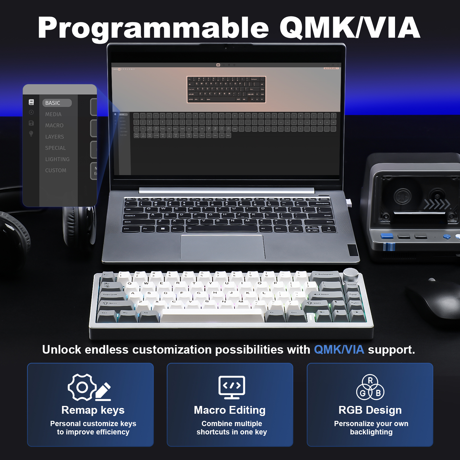 YUNZII AL68 Silver Wireless Custom Mechanical Keyboard, QMK/VIA Aluminum Keyboard, Hot Swap Gasket Gaming Keyboard with Knob. 